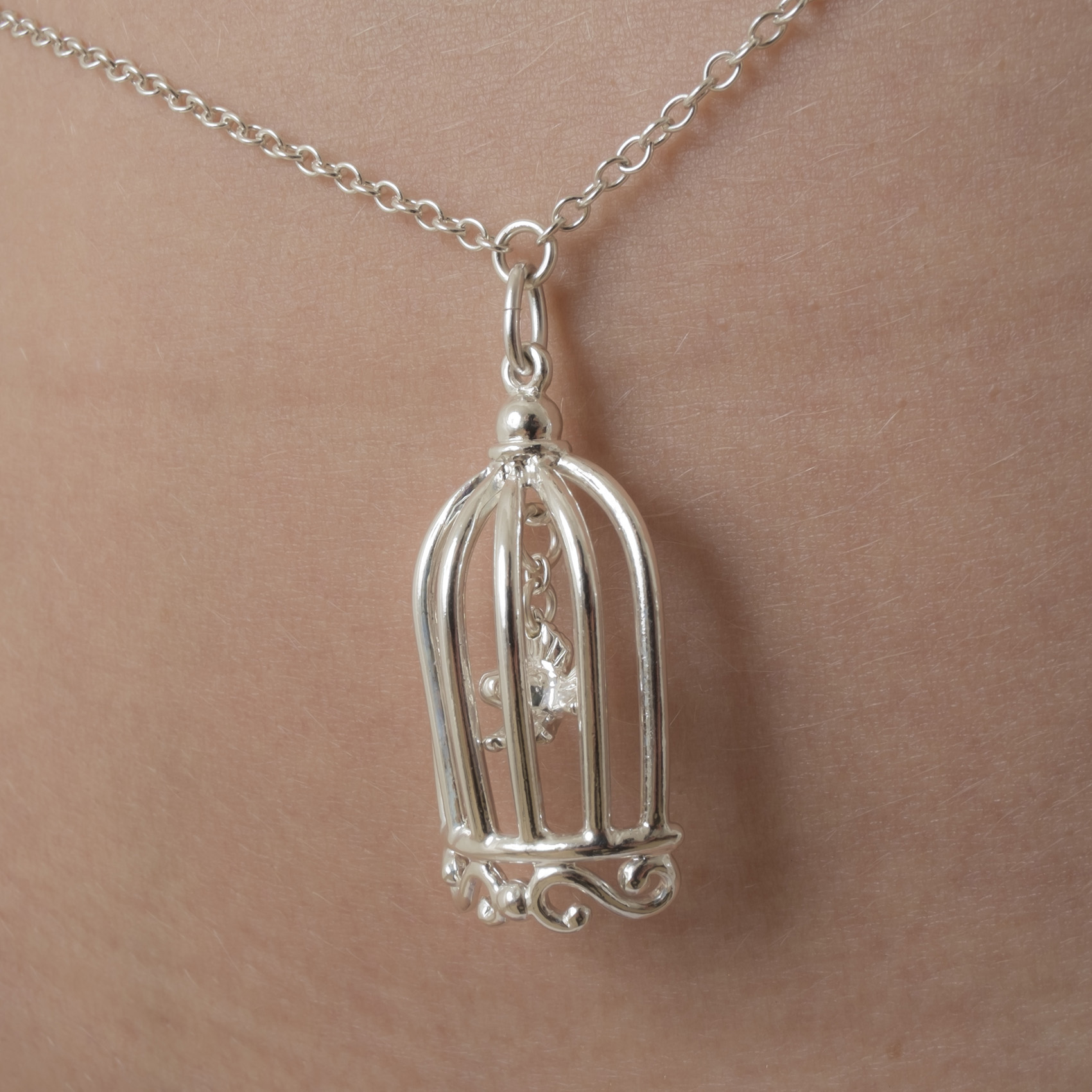 CHT125 Silver Waist Chain with Bird in a Cage Pendant